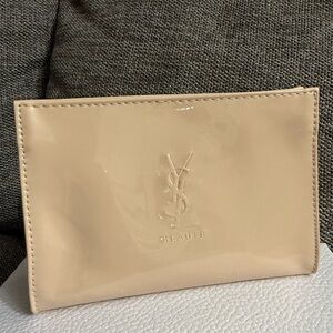 Yves Saint Laurent Beauty Small Beige Faux Leather Pouch Makeup Bag Authentic